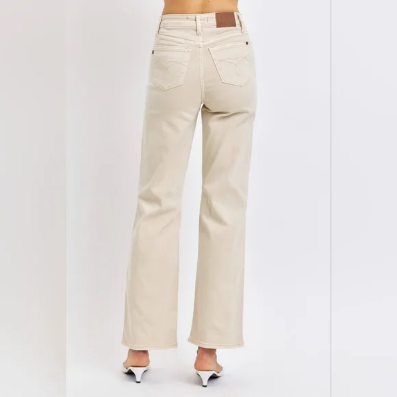 High Rise Mom Jeans Distressed Torn Knee Wide Leg Cream Denim Pants Judy Blue - Picture 2 of 14